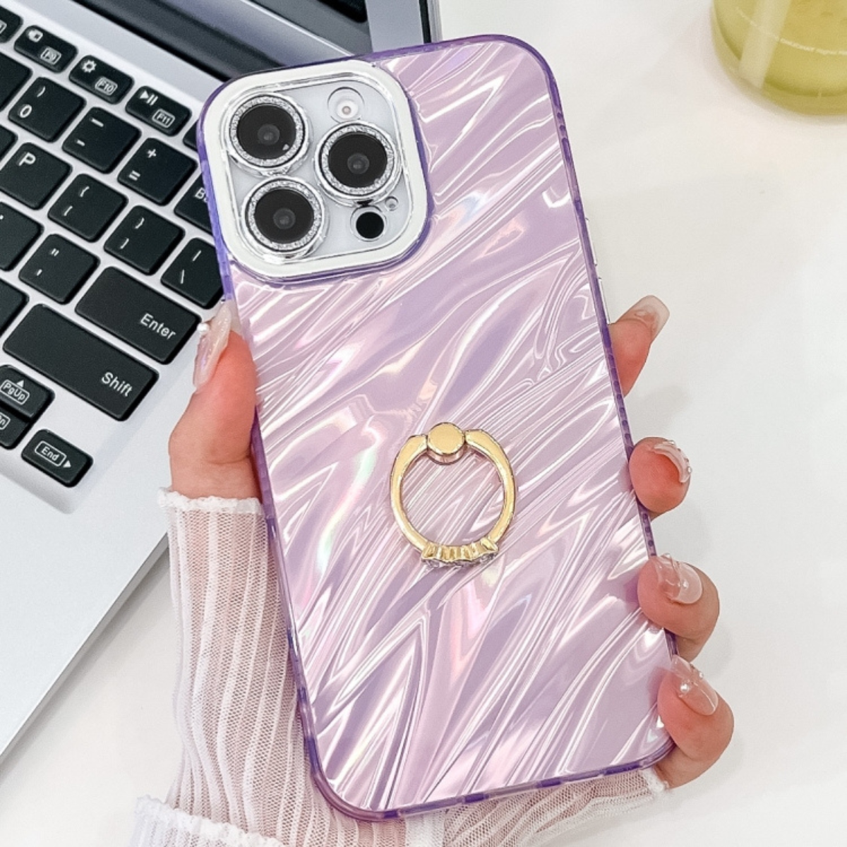 Iphone 16 pro θήκη σιλικόνης μοβ Glitter Texture Ring Holder με προστασία κάμερας