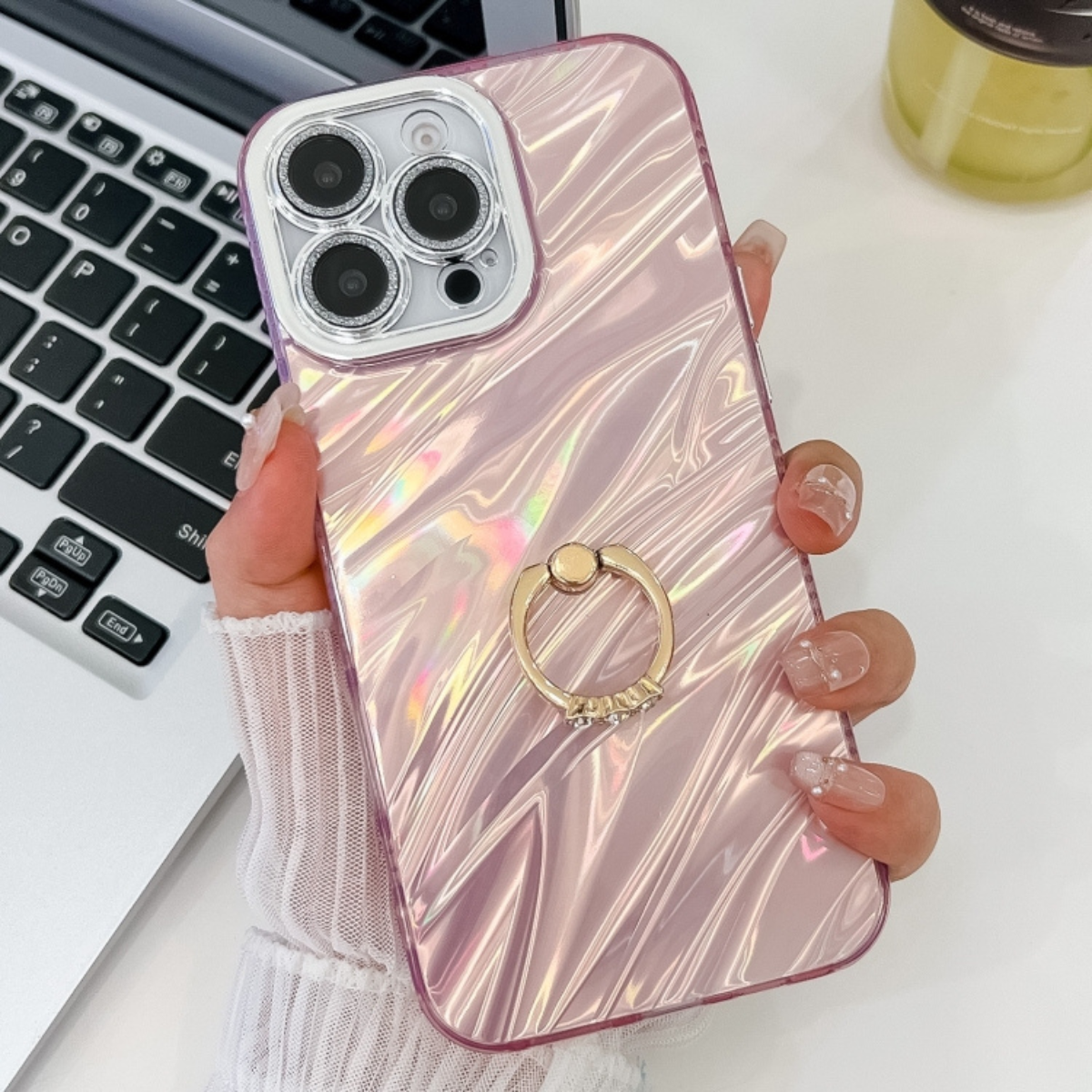 Iphone 16 pro θήκη σιλικόνης ροζ Glitter Texture Ring Holder με προστασία κάμερας